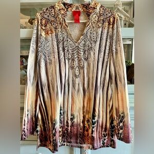 Christina Rhinestone V-Neck Tunic in Beige, Brown, Gold and Black